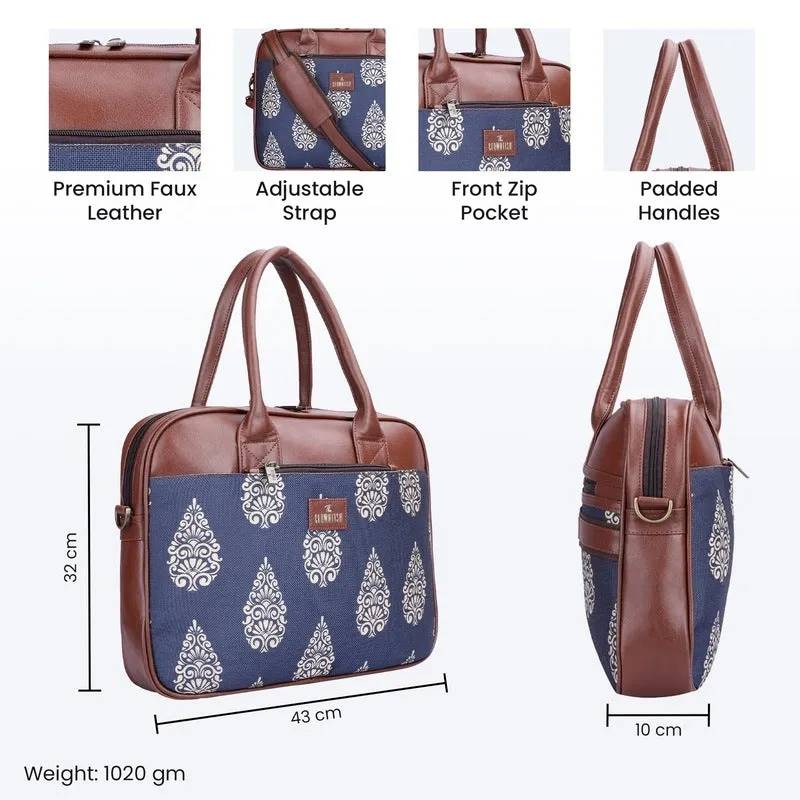 THE CLOWNFISH Deborah series 15.6 inch Laptop Bag For Women Printed Handicraft Fabric & Faux Leather Office Bag Briefcase Messenger Sling Handbag Business Bag (Navy Blue)