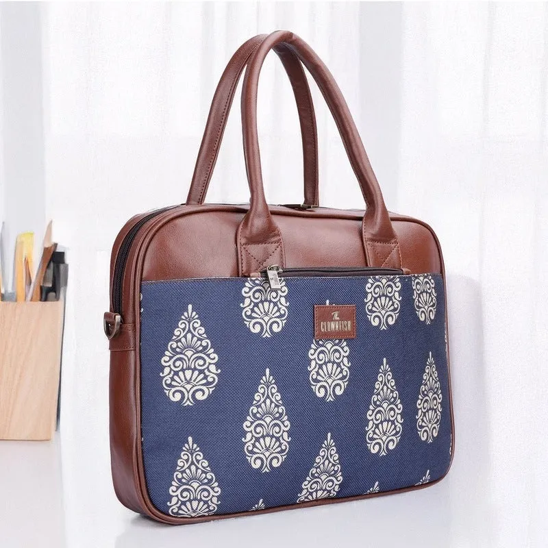 THE CLOWNFISH Deborah series 15.6 inch Laptop Bag For Women Printed Handicraft Fabric & Faux Leather Office Bag Briefcase Messenger Sling Handbag Business Bag (Navy Blue)