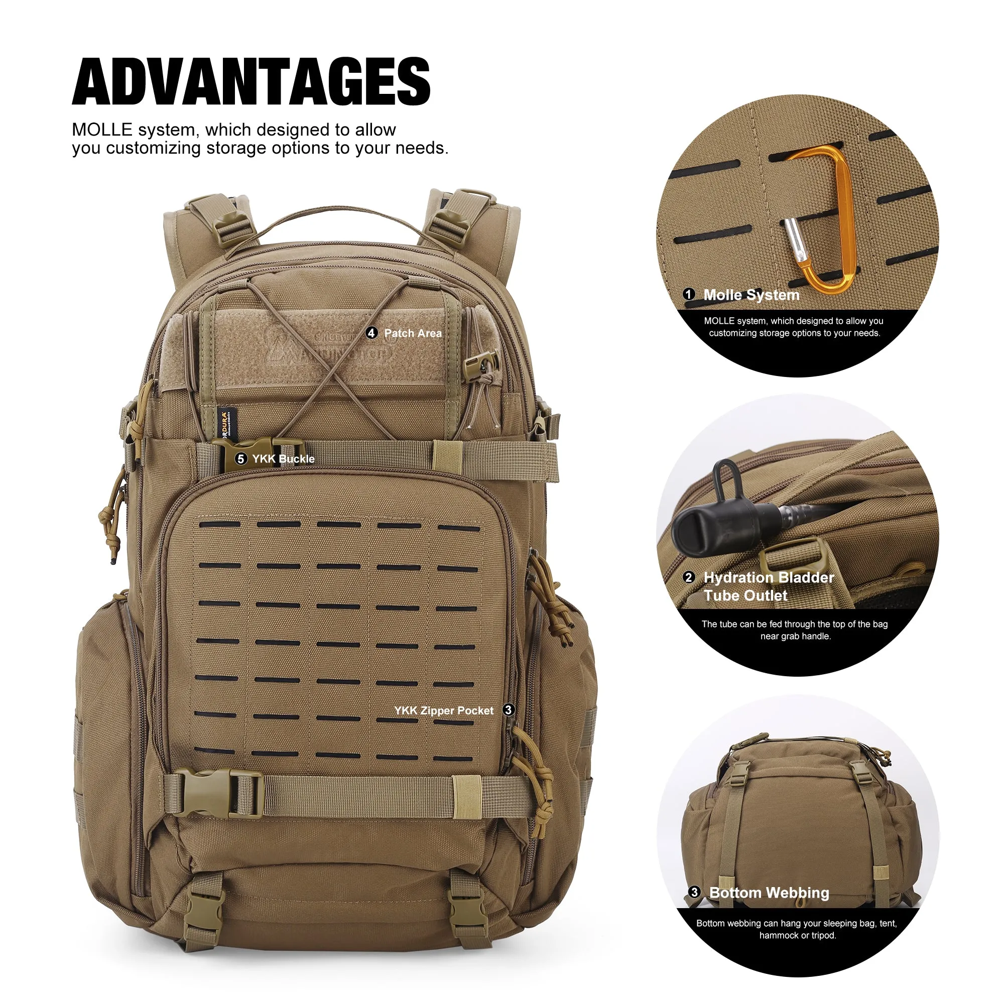 [TM6618] Mardingtop 35L Molle Tactical Military Backpack for Men，Cordura Backpack for Hiking,Camping,Survival