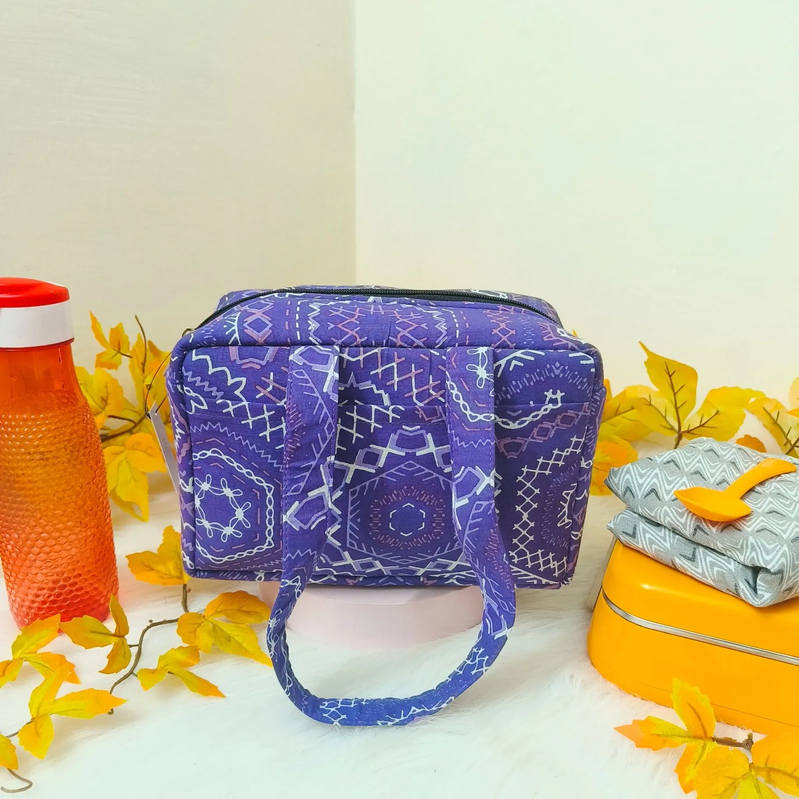 Water Proof Mini Lunch Bag Purple with Pentagonal Prints Design