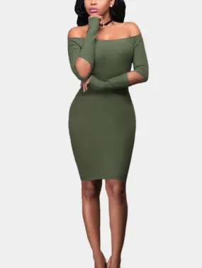 Wholesale Army Green Bateau Off The Shoulder Long Sleeve Hollow Mini Dress