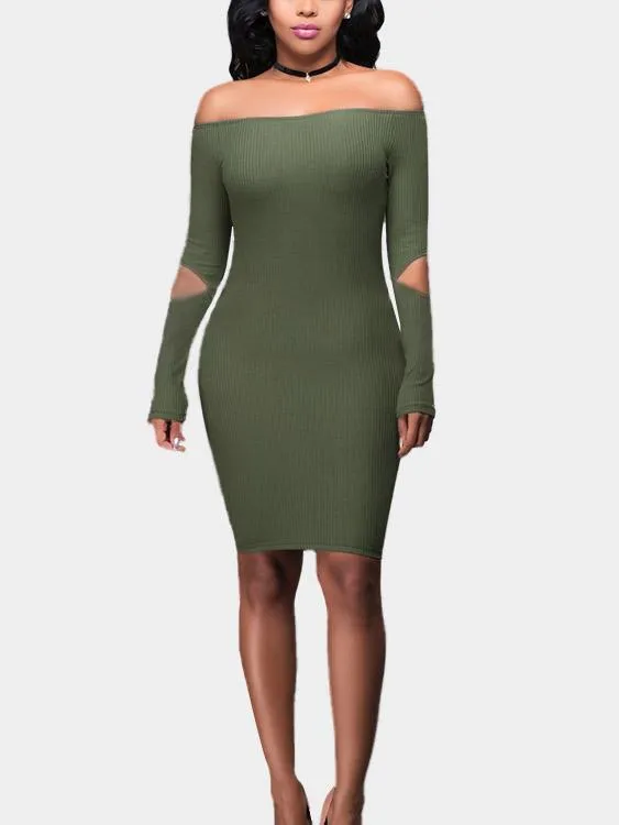 Wholesale Army Green Bateau Off The Shoulder Long Sleeve Hollow Mini Dress