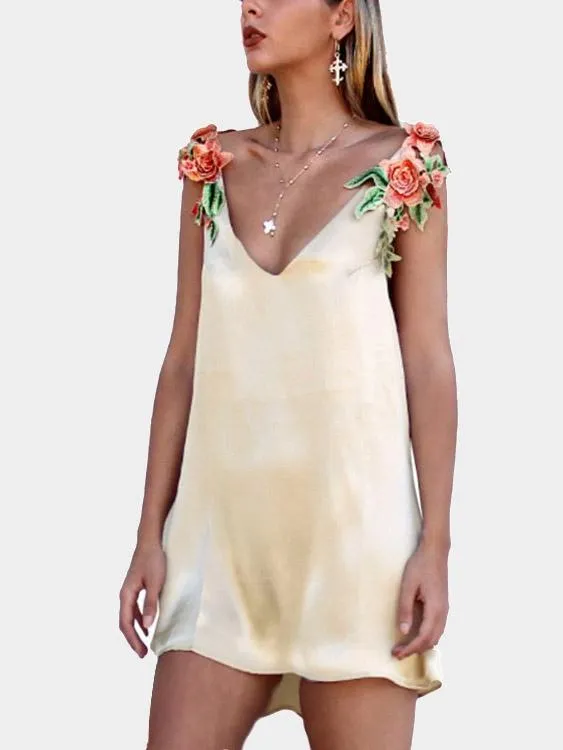 Wholesale Gold V-Neck Sleeveless Embroidered Mini Dress