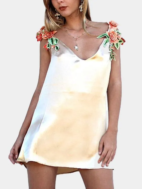 Wholesale Gold V-Neck Sleeveless Embroidered Mini Dress