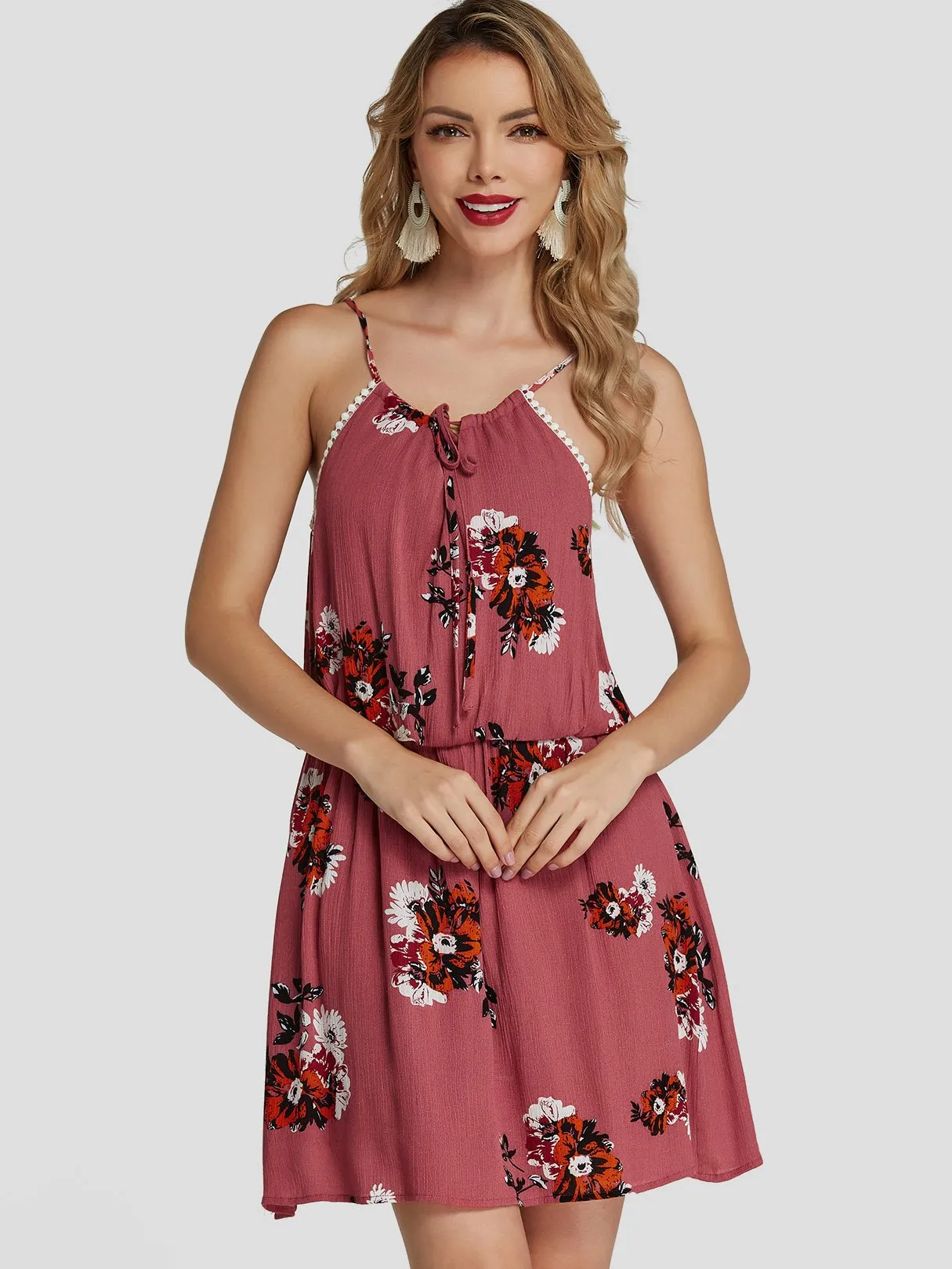 Wholesale Red Round Neck Sleeveless Floral Print Spaghetti Strap Self-Tie Mini Dresses