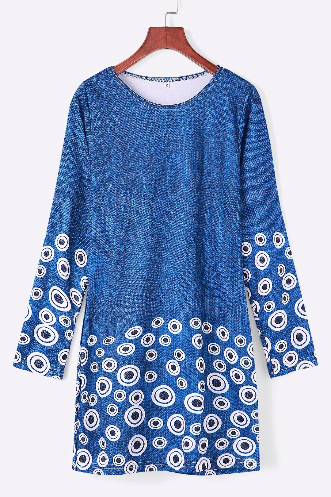 Wholesale Round Neck Long Sleeve Floral Print Blue Mini Dress