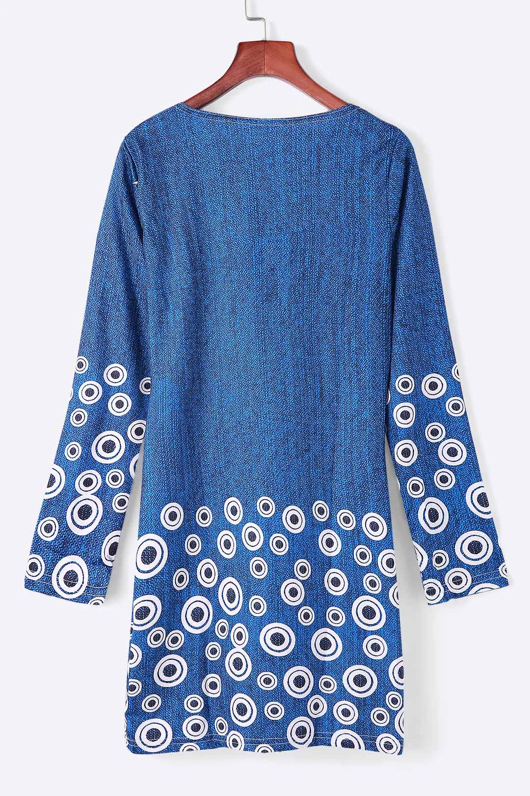 Wholesale Round Neck Long Sleeve Floral Print Blue Mini Dress