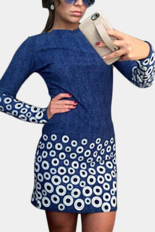 Wholesale Round Neck Long Sleeve Floral Print Blue Mini Dress