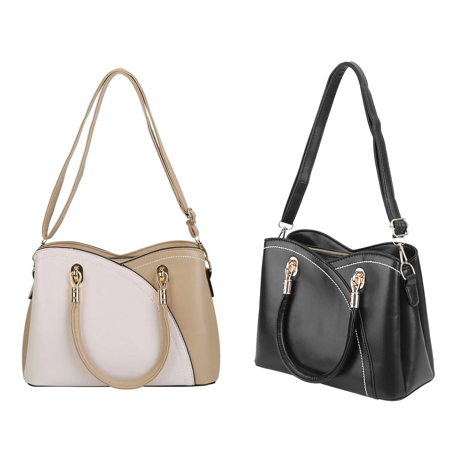 Women Medium Sized Leather Satchel Crossbody Bag with Stylish Stitching Detachable Strap