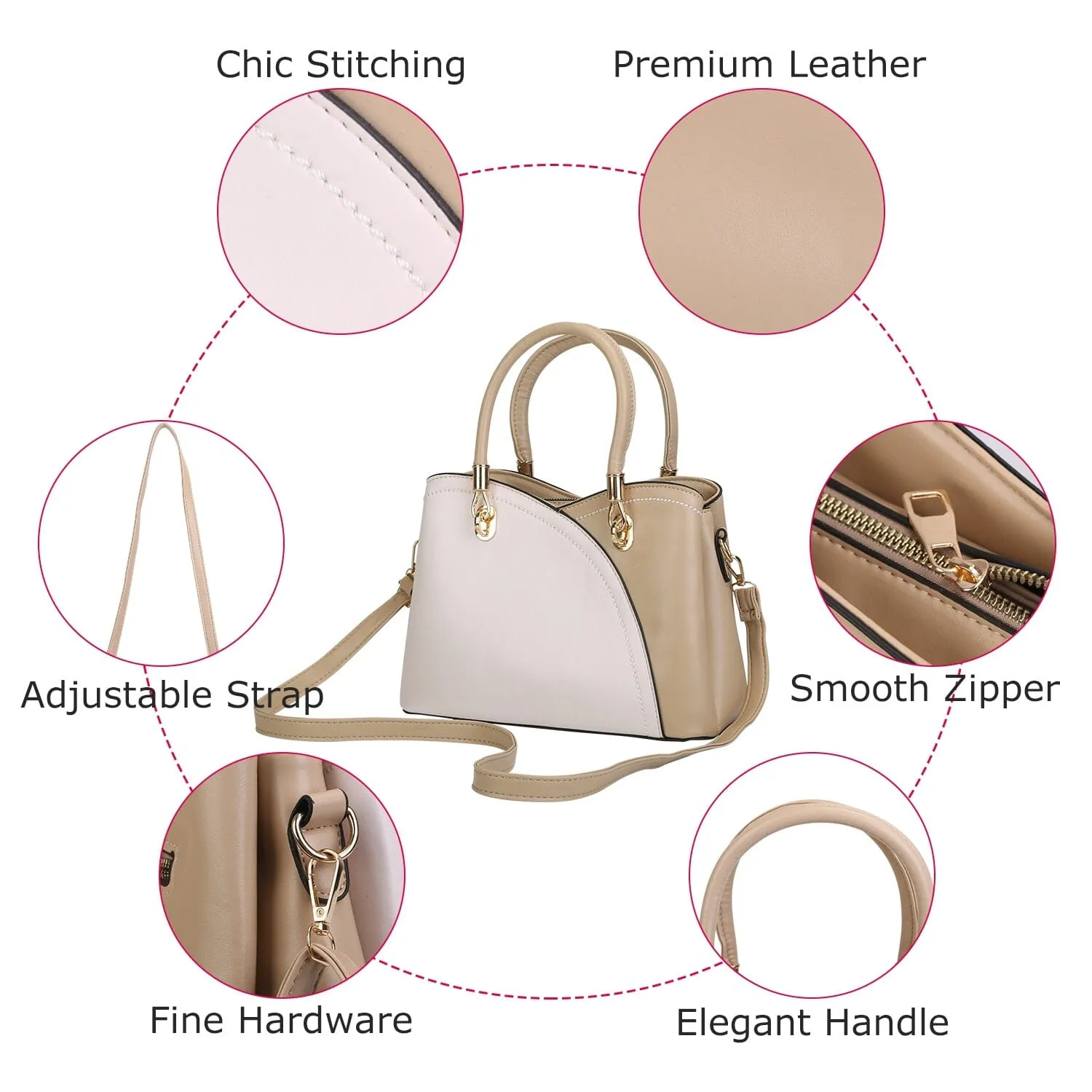 Women Medium Sized Leather Satchel Crossbody Bag with Stylish Stitching Detachable Strap