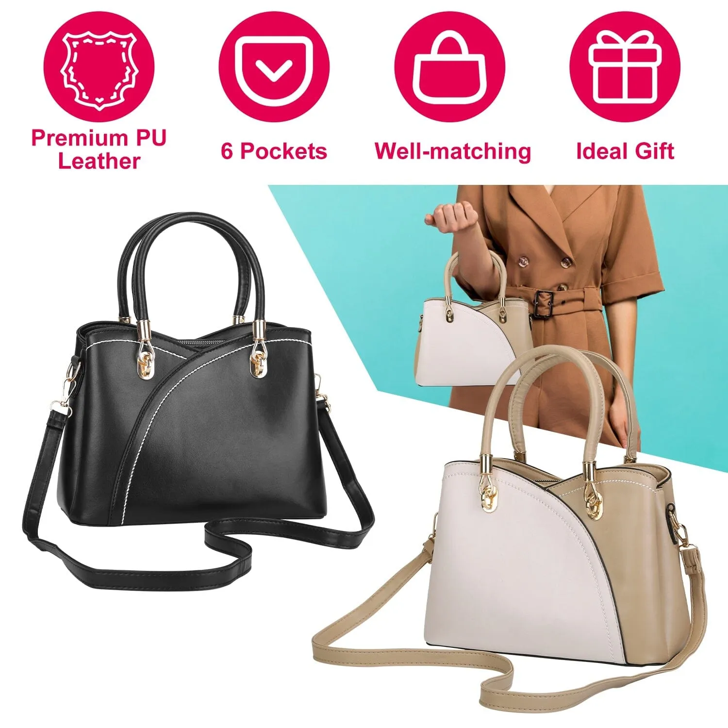 Women Medium Sized Leather Satchel Crossbody Bag with Stylish Stitching Detachable Strap