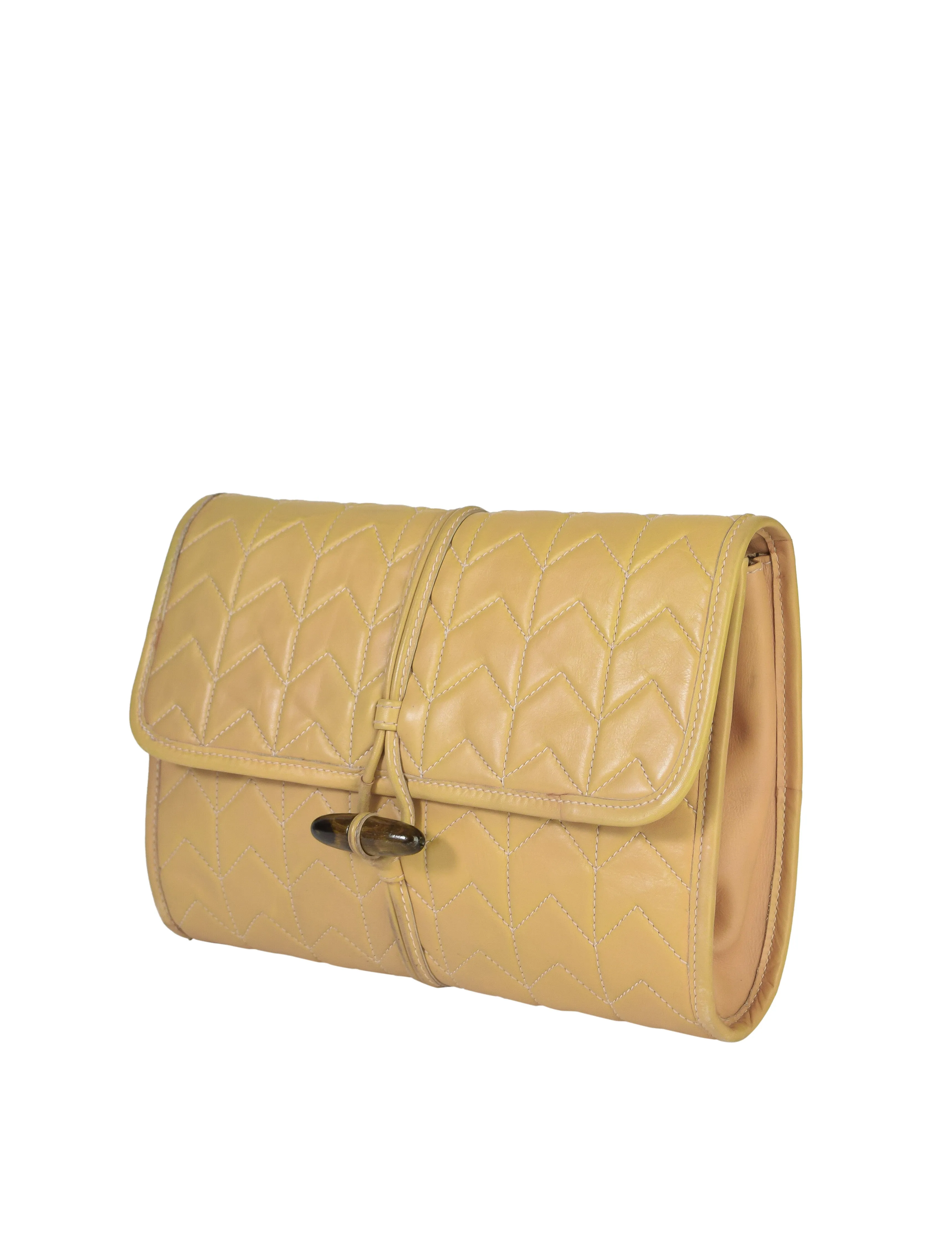 Yves Saint Laurent Vintage Chevron Quilted Beige Leather Wooden Toggle Clutch Bag