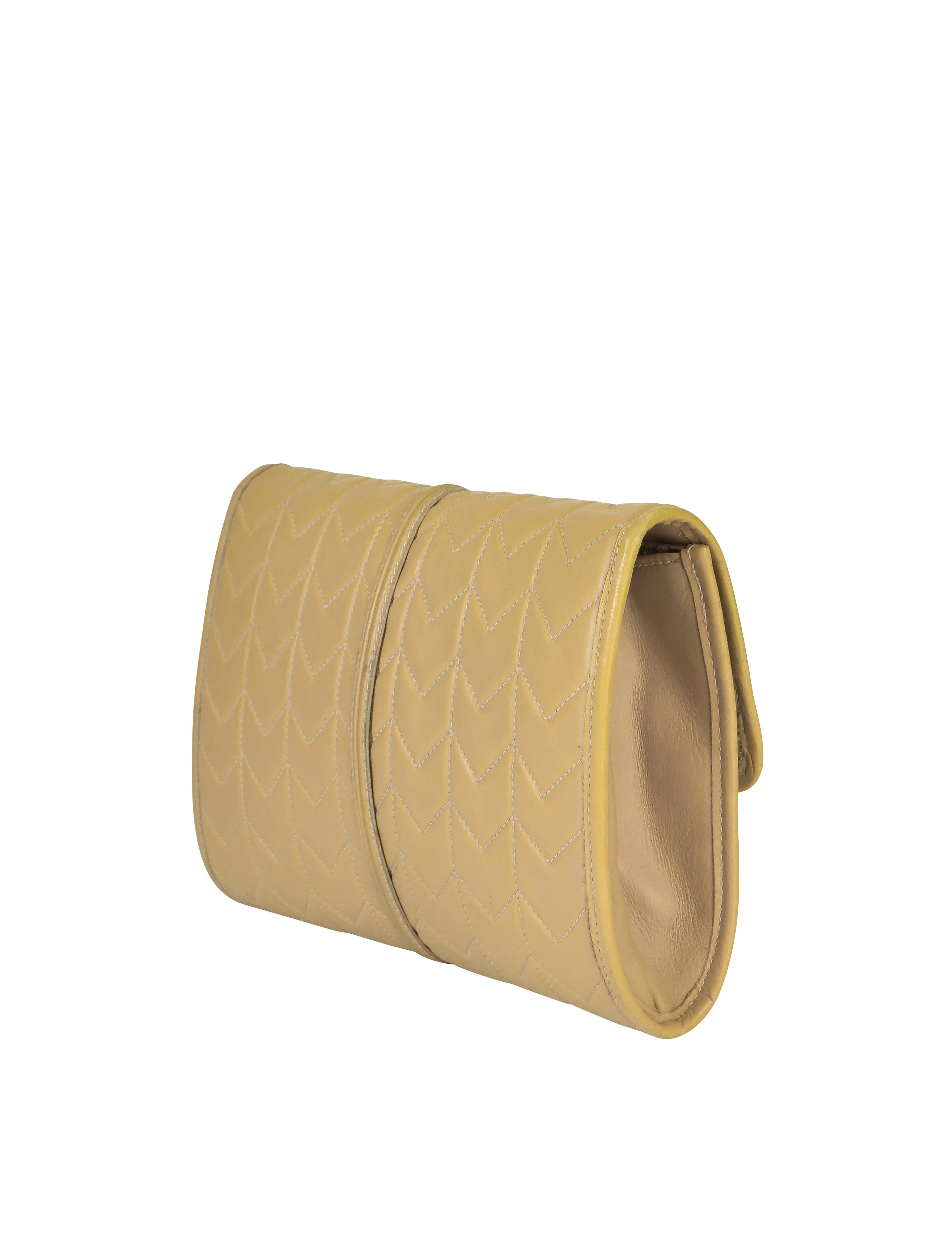 Yves Saint Laurent Vintage Chevron Quilted Beige Leather Wooden Toggle Clutch Bag