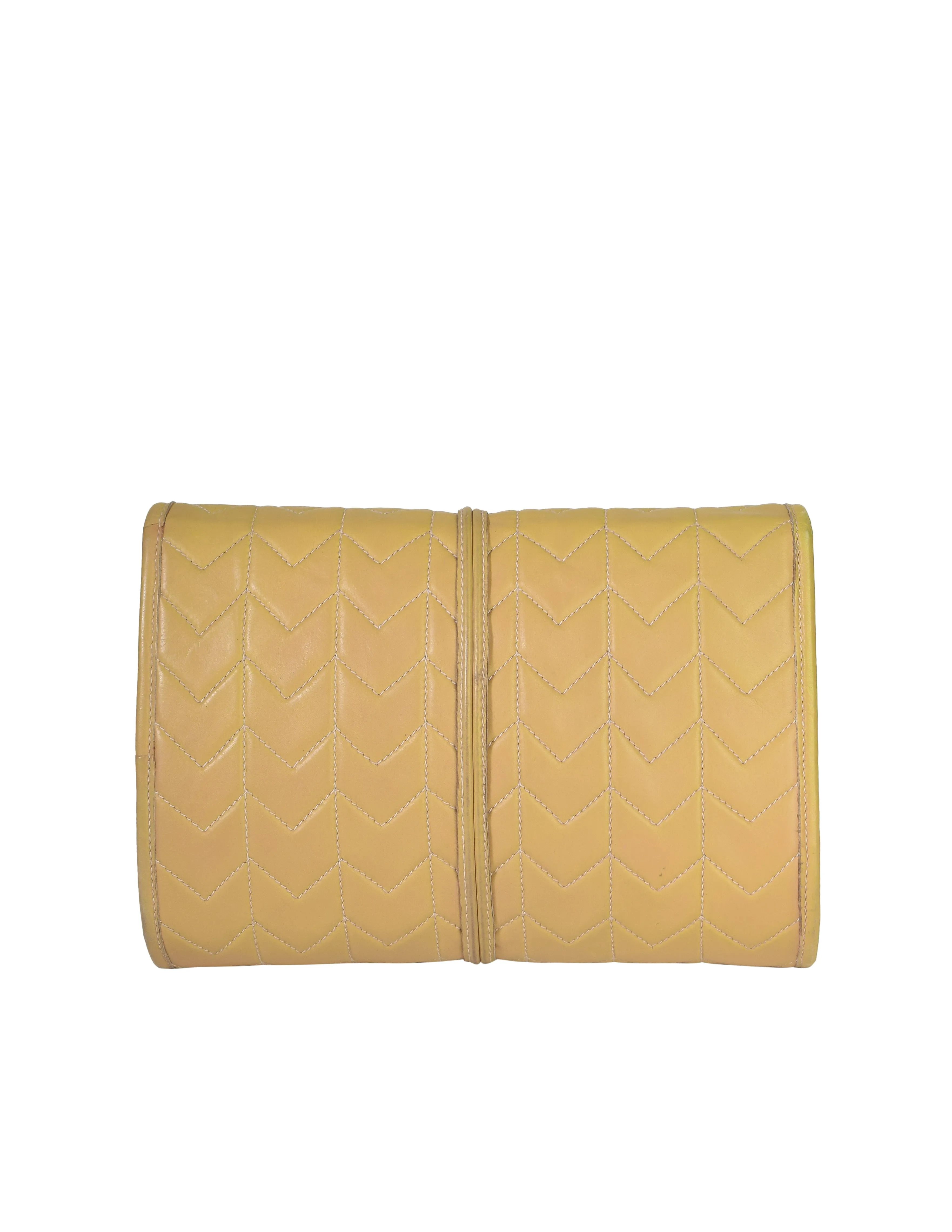 Yves Saint Laurent Vintage Chevron Quilted Beige Leather Wooden Toggle Clutch Bag